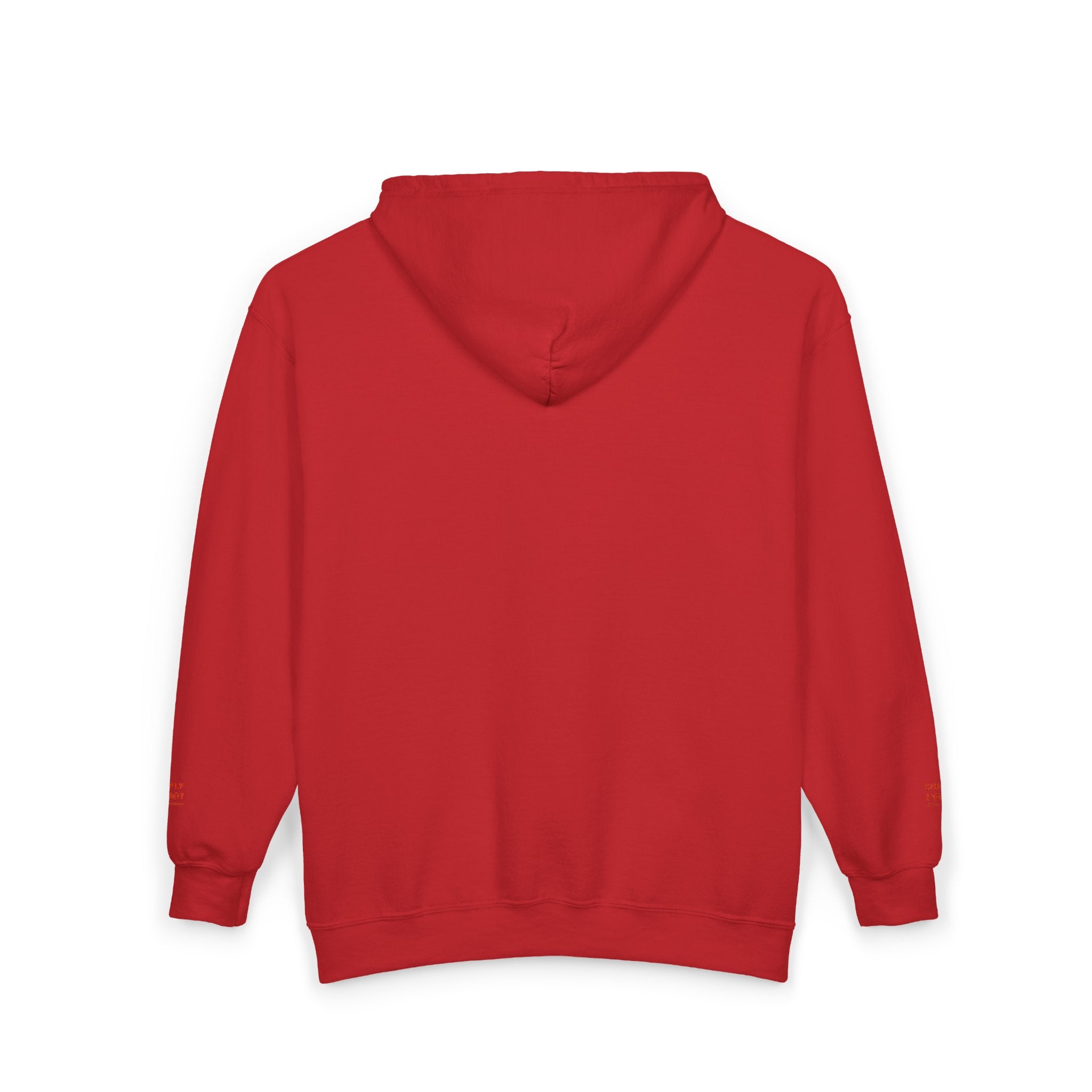 "Simply Lovely"  Zip Hoodie — Small Red Script Chest & Sleeve Design