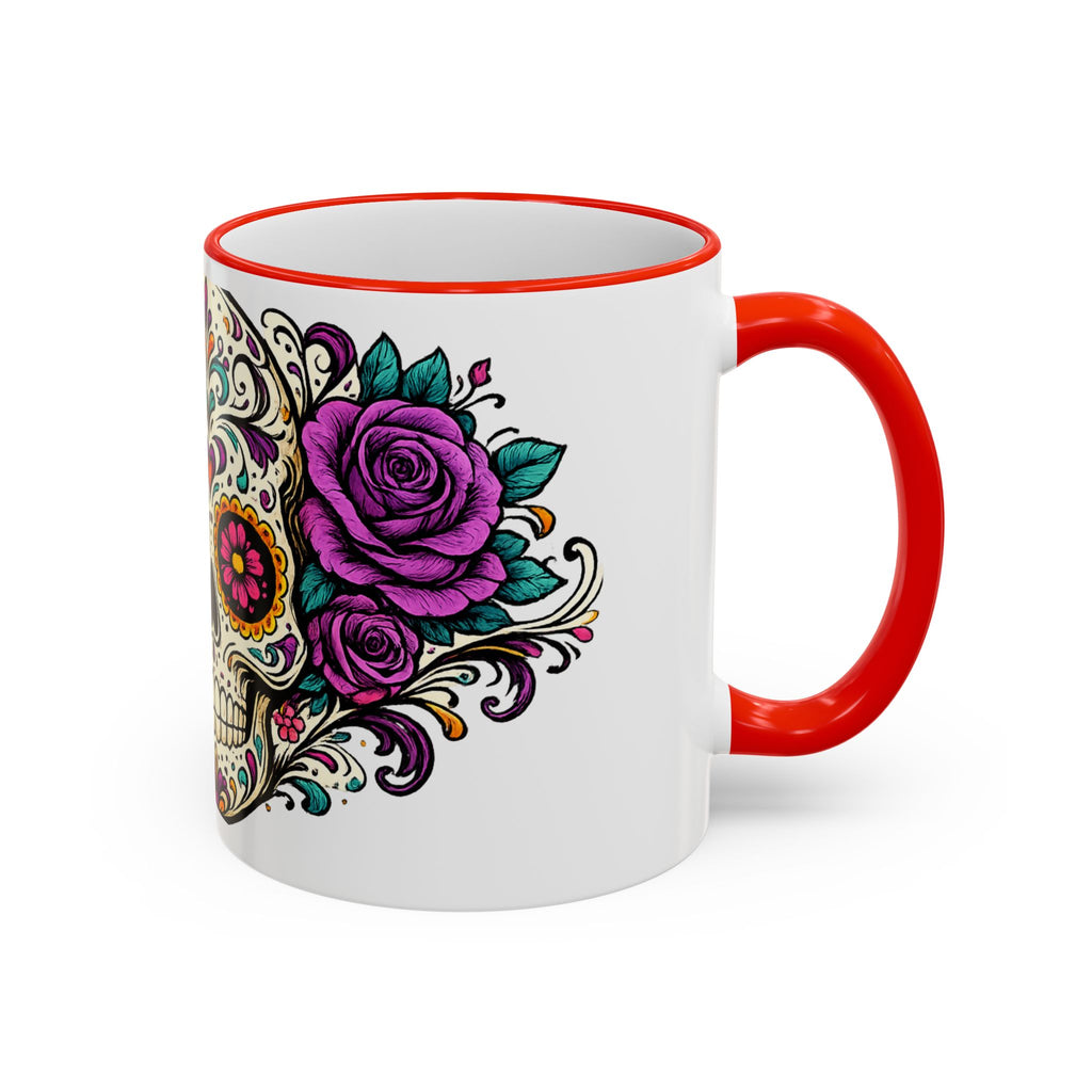 Day of the Dead Sugar Skull Accent Rim Mug — Floral Skull Ceramic Coffee Cup (11oz/15oz)