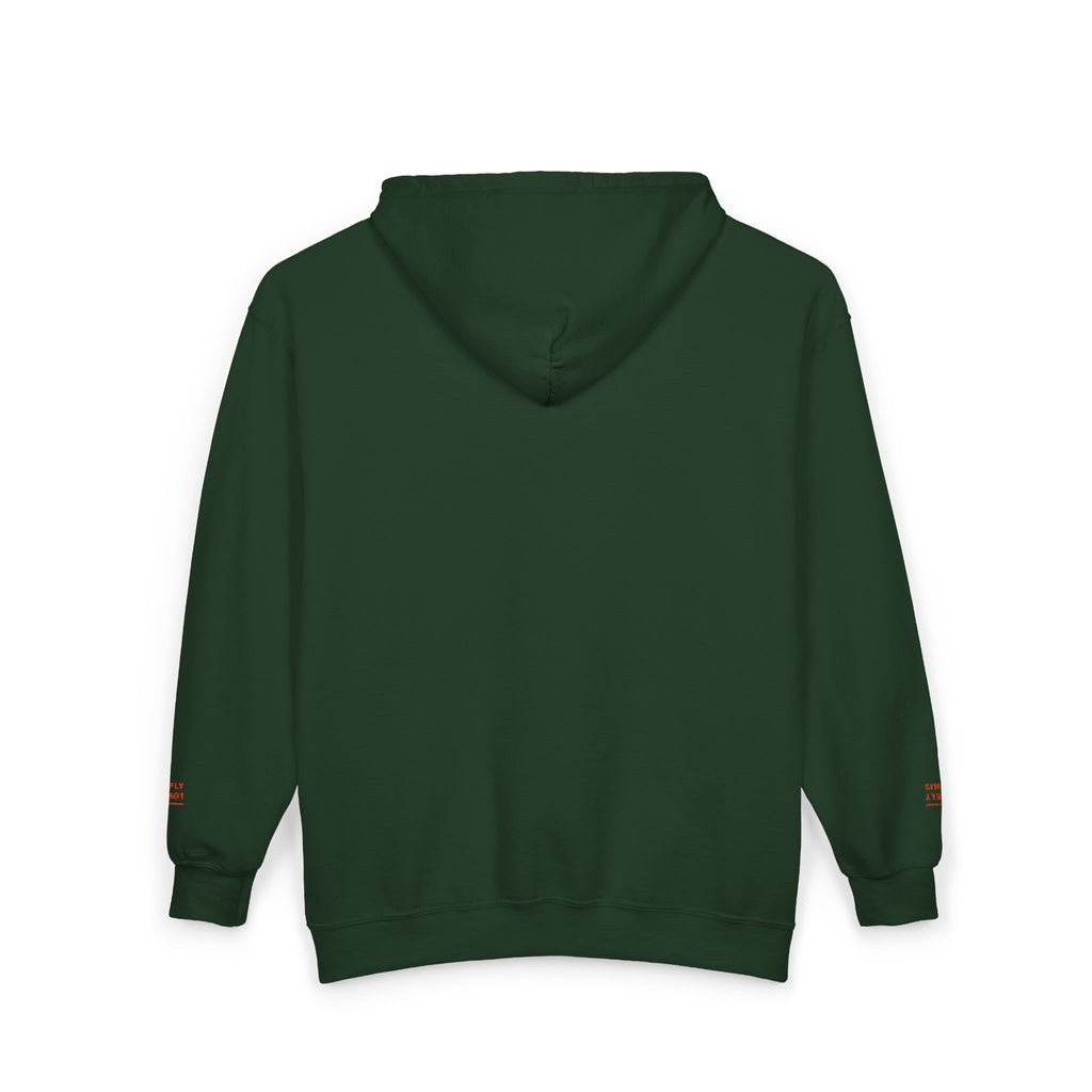 "Simply Lovely"  Zip Hoodie — Small Red Script Chest & Sleeve Design