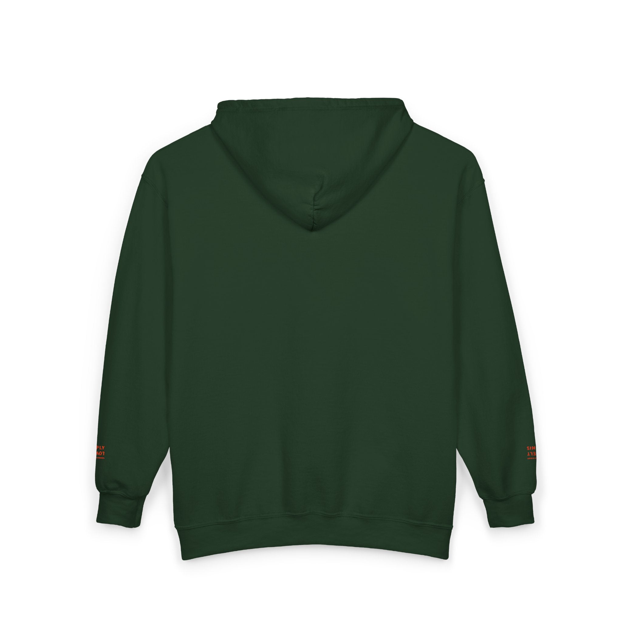 "Simply Lovely"  Zip Hoodie — Small Red Script Chest & Sleeve Design