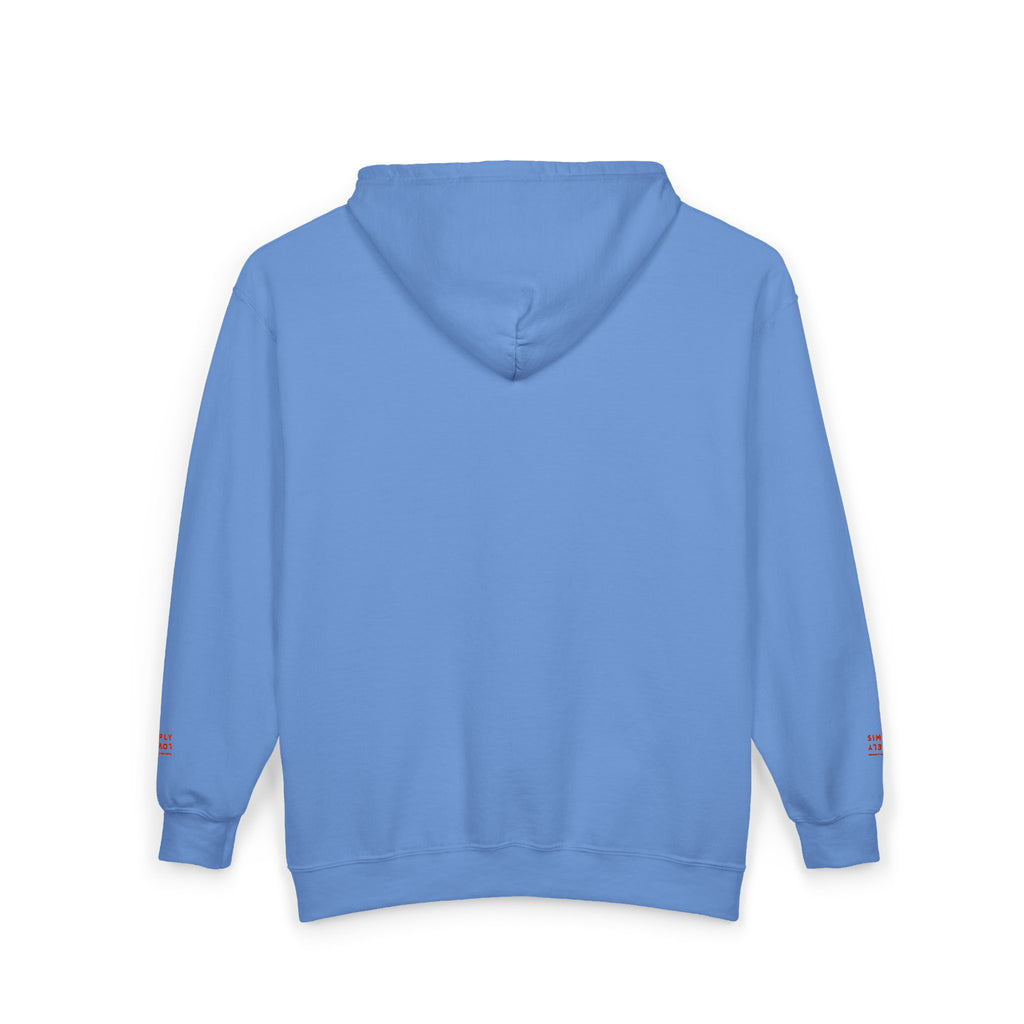 "Simply Lovely"  Zip Hoodie — Small Red Script Chest & Sleeve Design