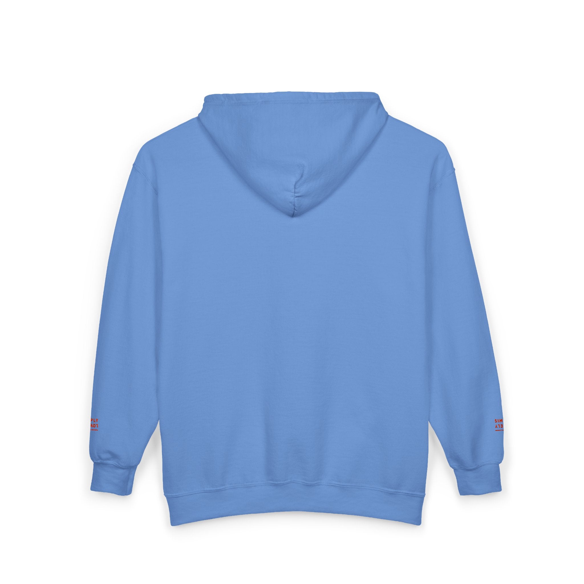 "Simply Lovely"  Zip Hoodie — Small Red Script Chest & Sleeve Design