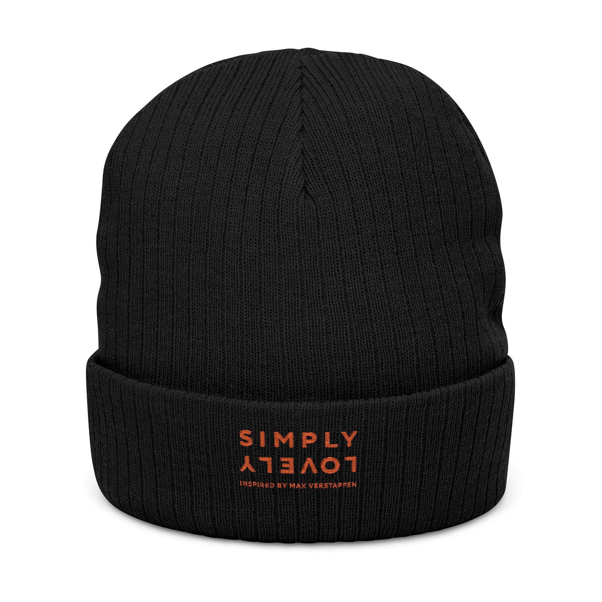 Embroidered Ribbed Beanie — 'SIMPLY LOVELY' Orange Logo Knit Hat