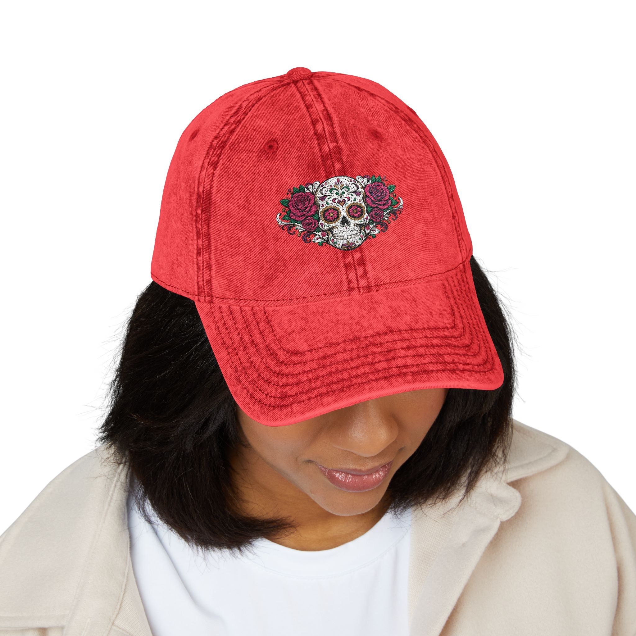 Embroidered Floral Sugar Skull Vintage Cap Personalize it