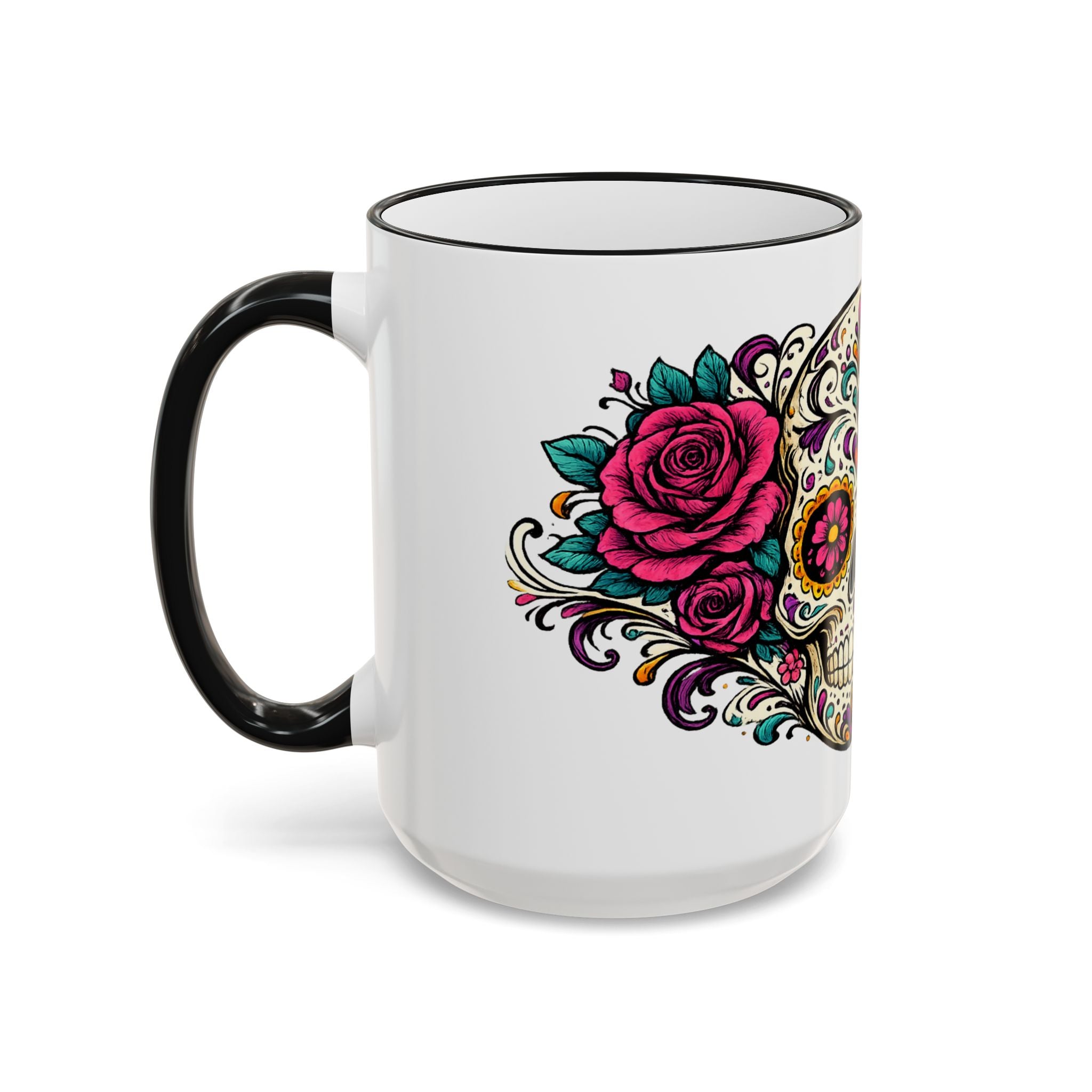 Day of the Dead Sugar Skull Accent Rim Mug — Floral Skull Ceramic Coffee Cup (11oz/15oz)