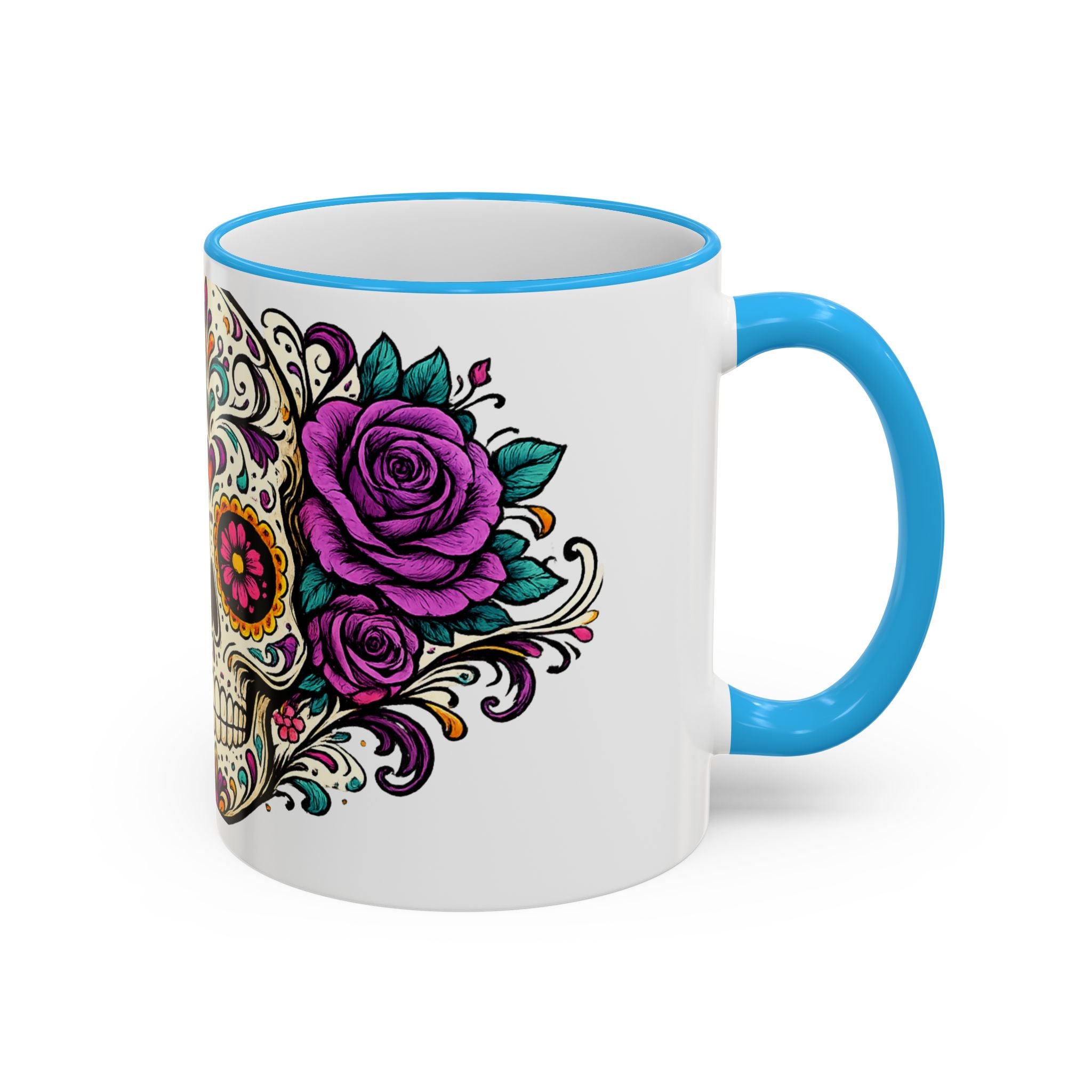 Day of the Dead Sugar Skull Accent Rim Mug — Floral Skull Ceramic Coffee Cup (11oz/15oz)