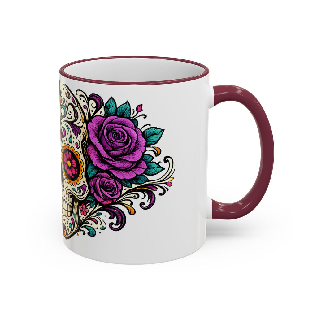 Day of the Dead Sugar Skull Accent Rim Mug — Floral Skull Ceramic Coffee Cup (11oz/15oz)