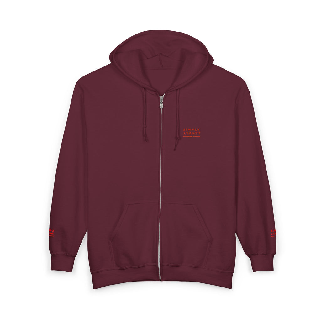 "Simply Lovely"  Zip Hoodie — Small Red Script Chest & Sleeve Design