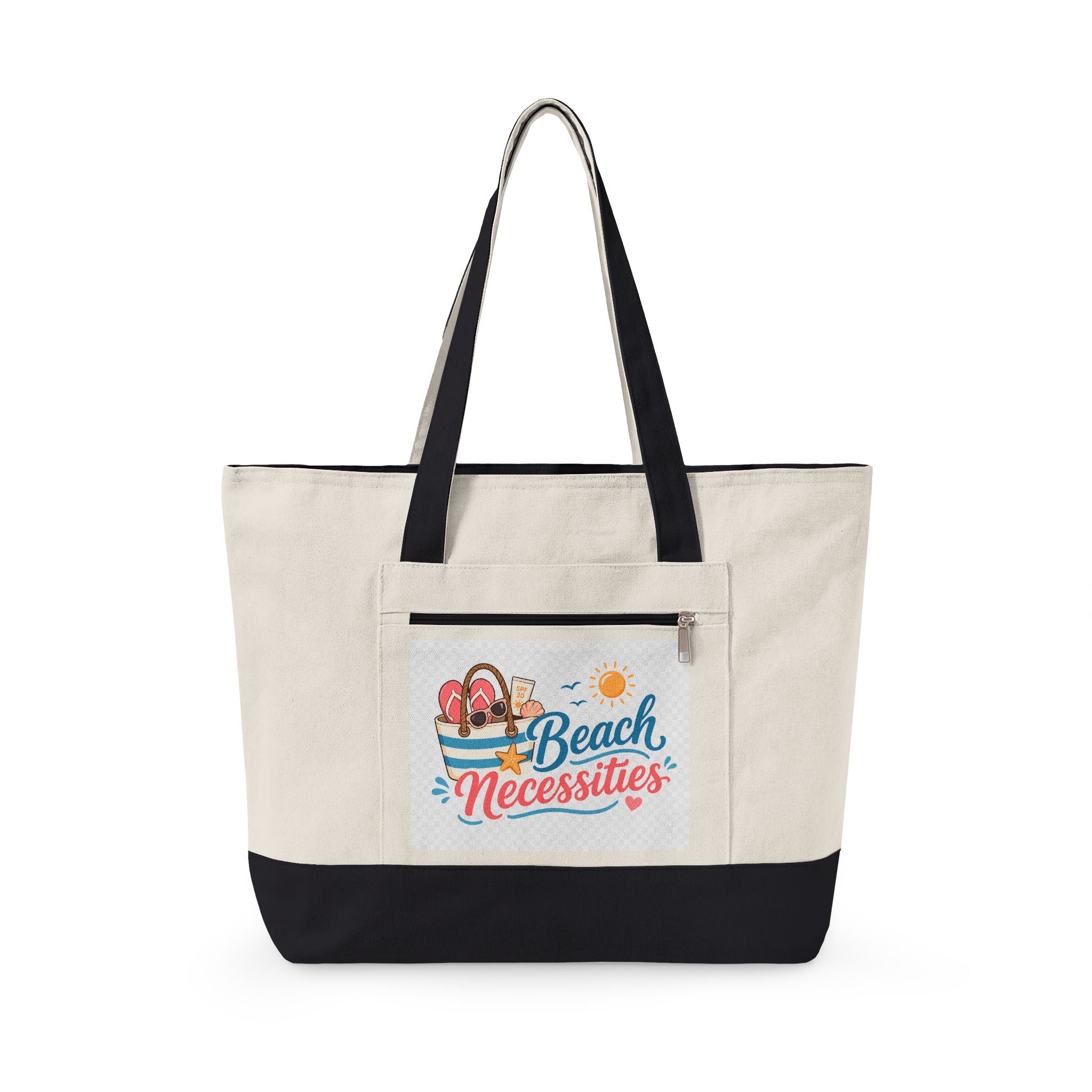 "Beach Bag / Beach Necessities" Zippered Canvas Tote, Summer Beach Tote Bag