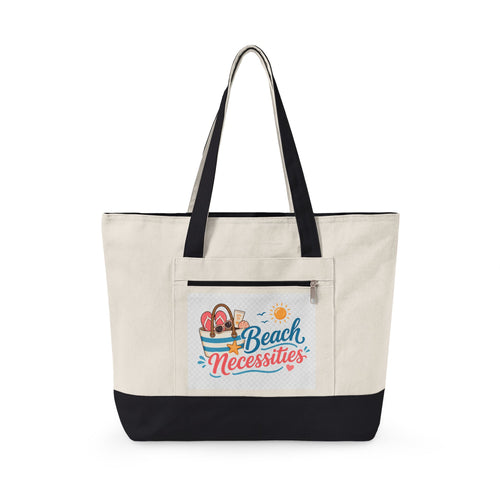 "Beach Bag / Beach Necessities" Zippered Canvas Tote, Summer Beach Tote Bag