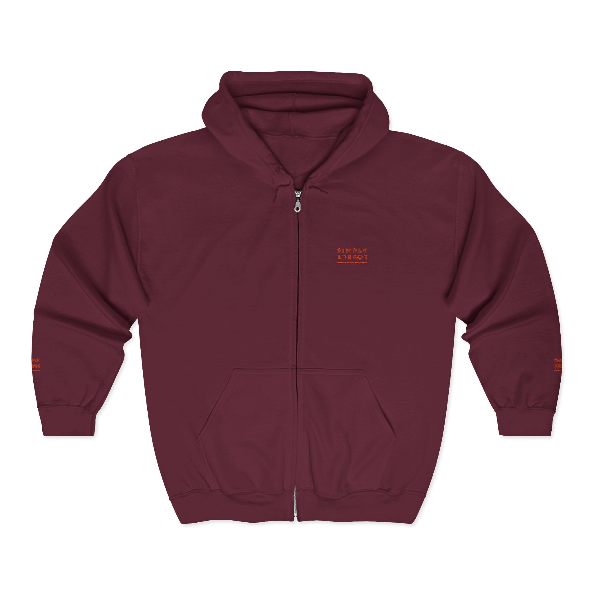 "Simply Lovely"  Zip Hoodie — Small Red Script Chest & Sleeve Design