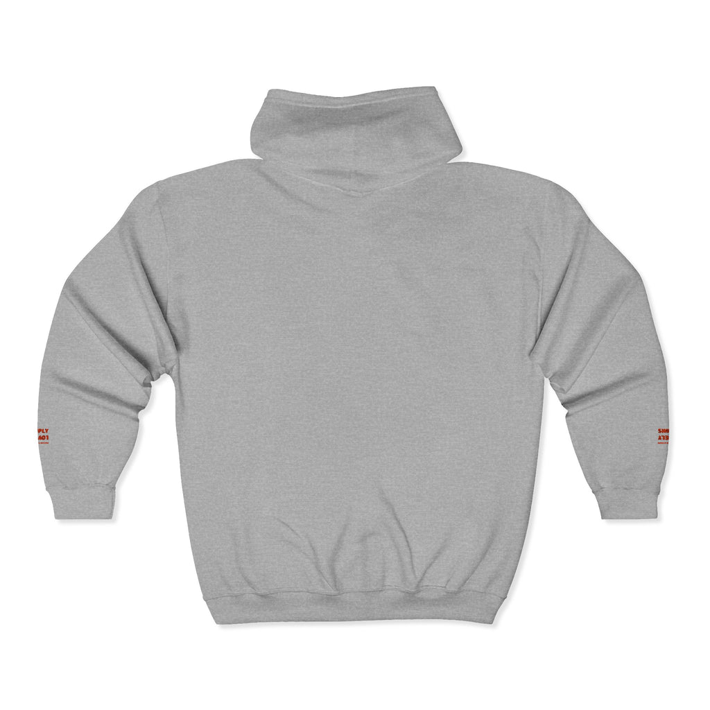 "Simply Lovely"  Zip Hoodie — Small Red Script Chest & Sleeve Design