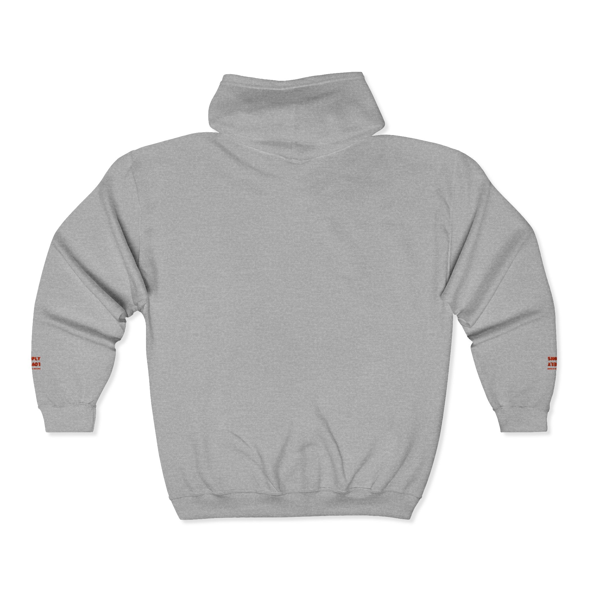 "Simply Lovely"  Zip Hoodie — Small Red Script Chest & Sleeve Design