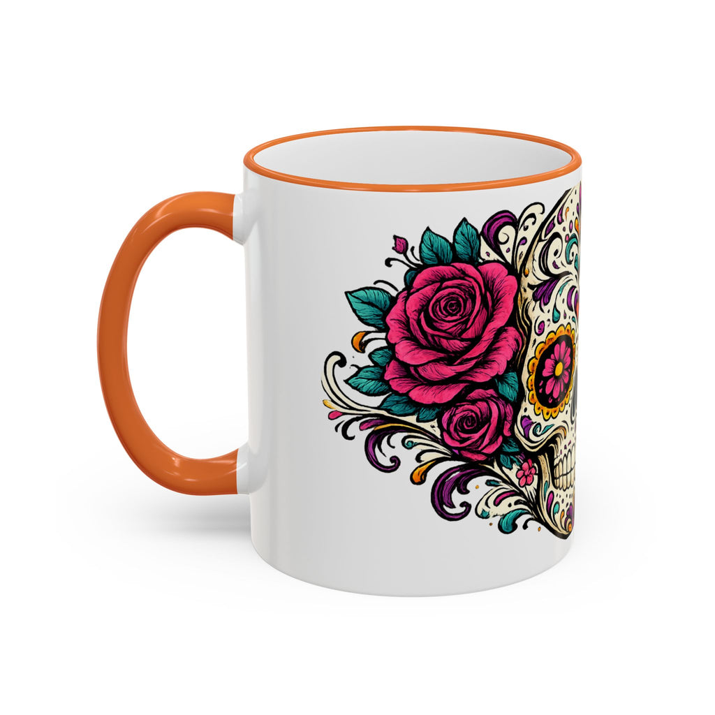 Day of the Dead Sugar Skull Accent Rim Mug — Floral Skull Ceramic Coffee Cup (11oz/15oz)
