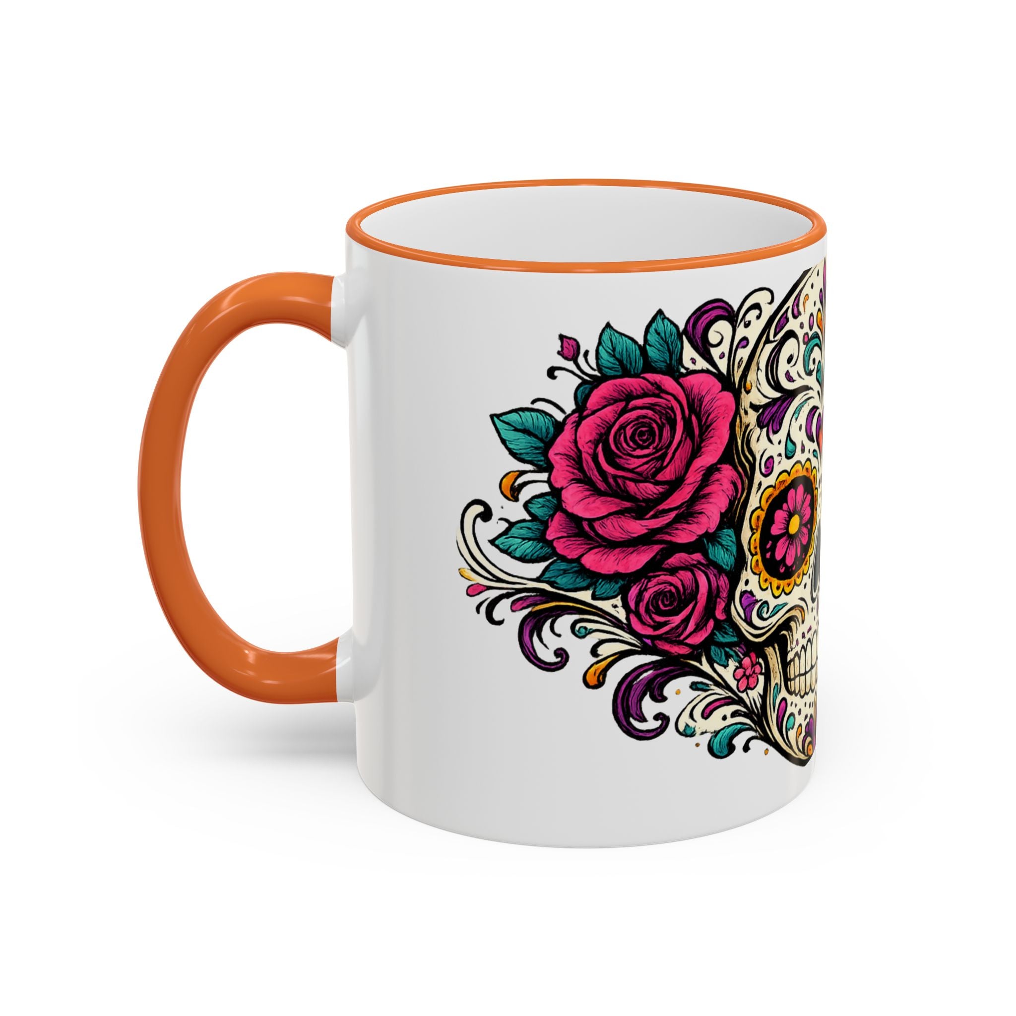 Day of the Dead Sugar Skull Accent Rim Mug — Floral Skull Ceramic Coffee Cup (11oz/15oz)