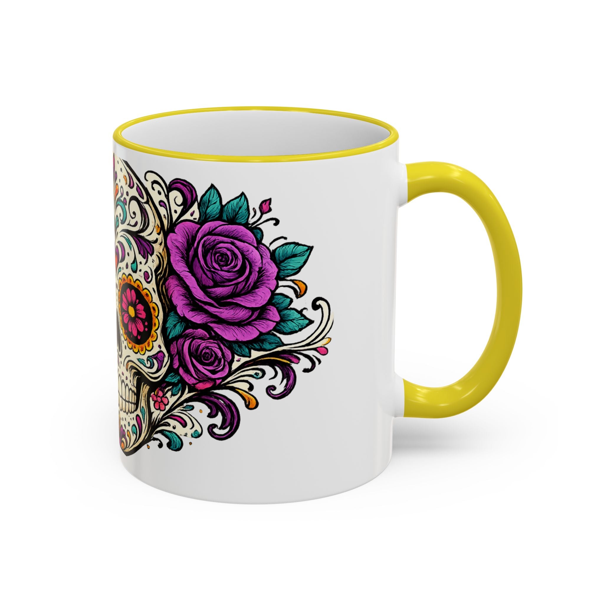 Day of the Dead Sugar Skull Accent Rim Mug — Floral Skull Ceramic Coffee Cup (11oz/15oz)