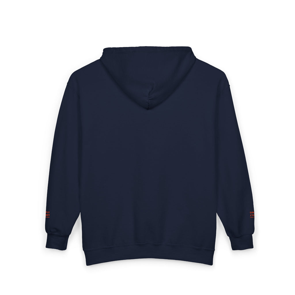"Simply Lovely"  Zip Hoodie — Small Red Script Chest & Sleeve Design
