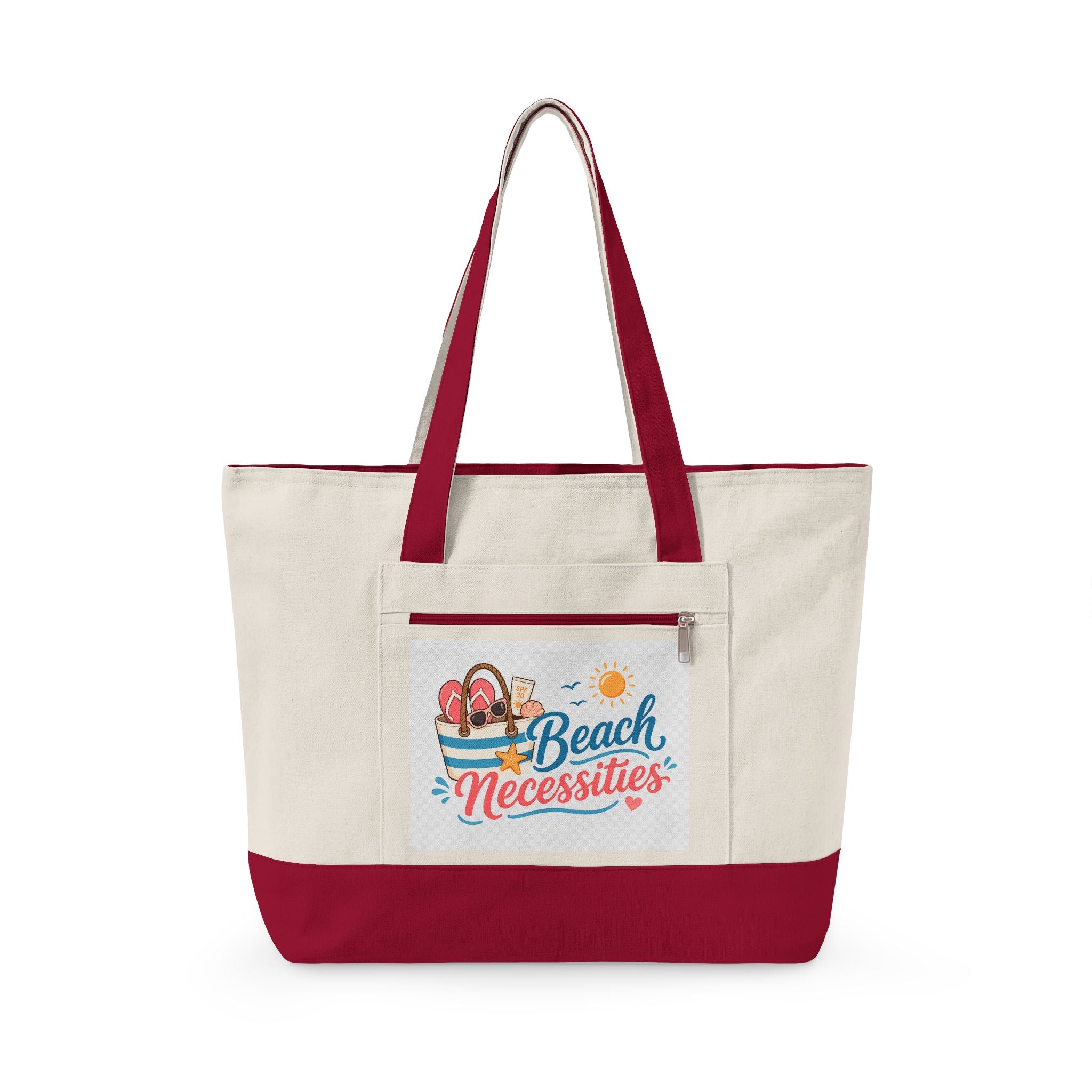 "Beach Bag / Beach Necessities" Zippered Canvas Tote, Summer Beach Tote Bag
