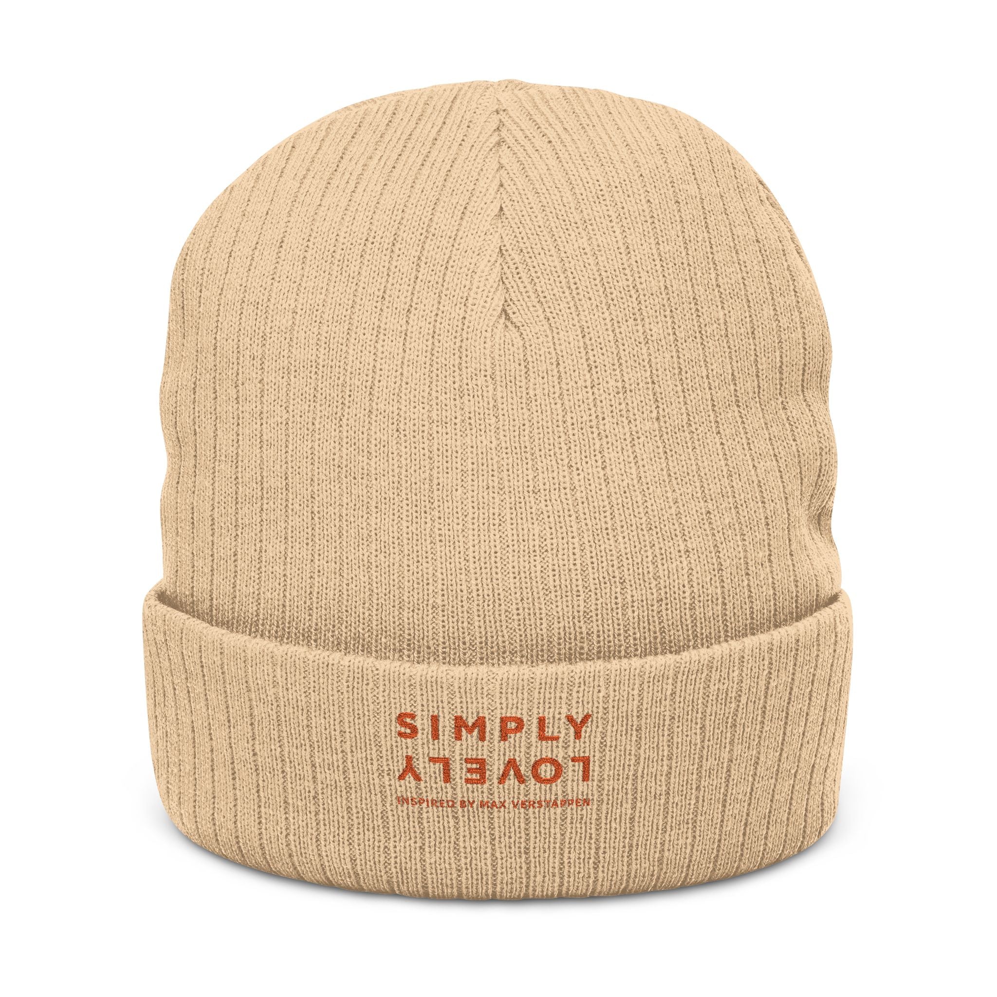Embroidered Ribbed Beanie — 'SIMPLY LOVELY' Orange Logo Knit Hat