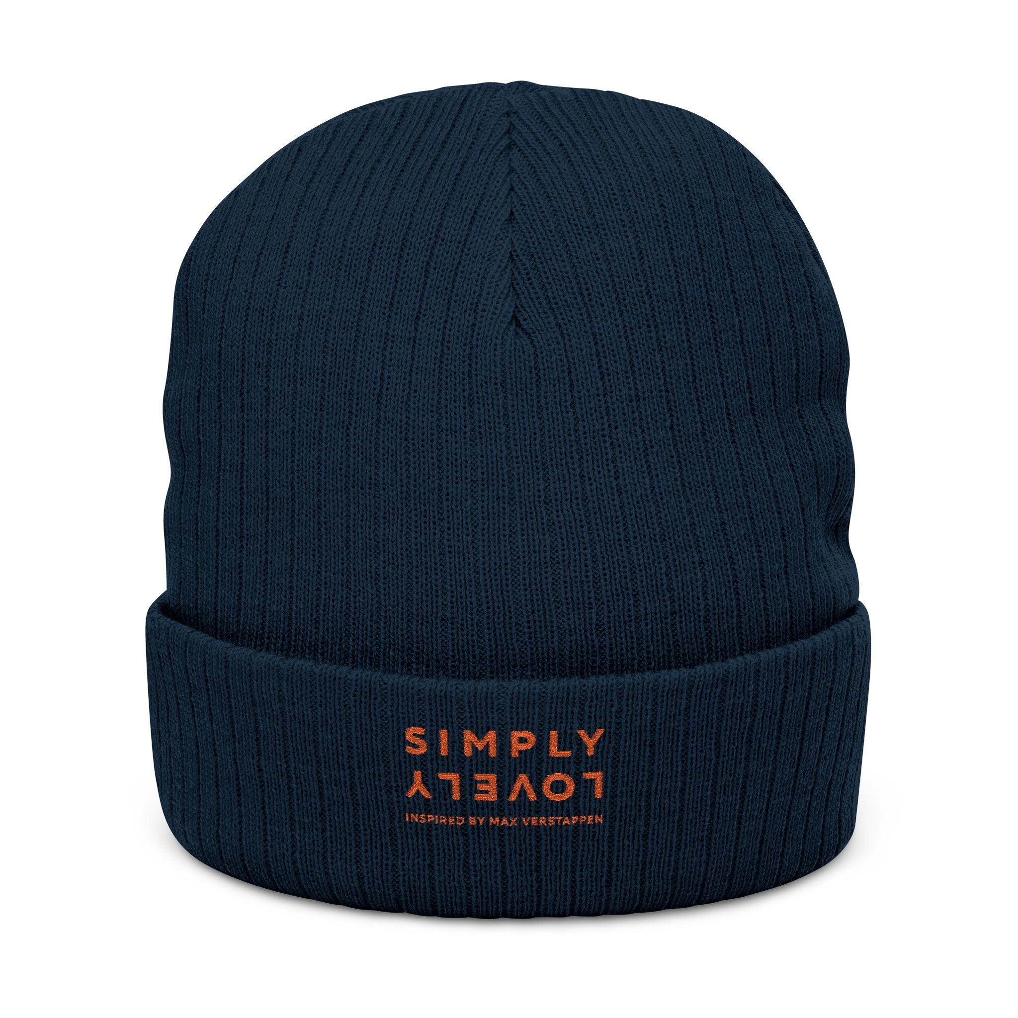 Embroidered Ribbed Beanie — 'SIMPLY LOVELY' Orange Logo Knit Hat