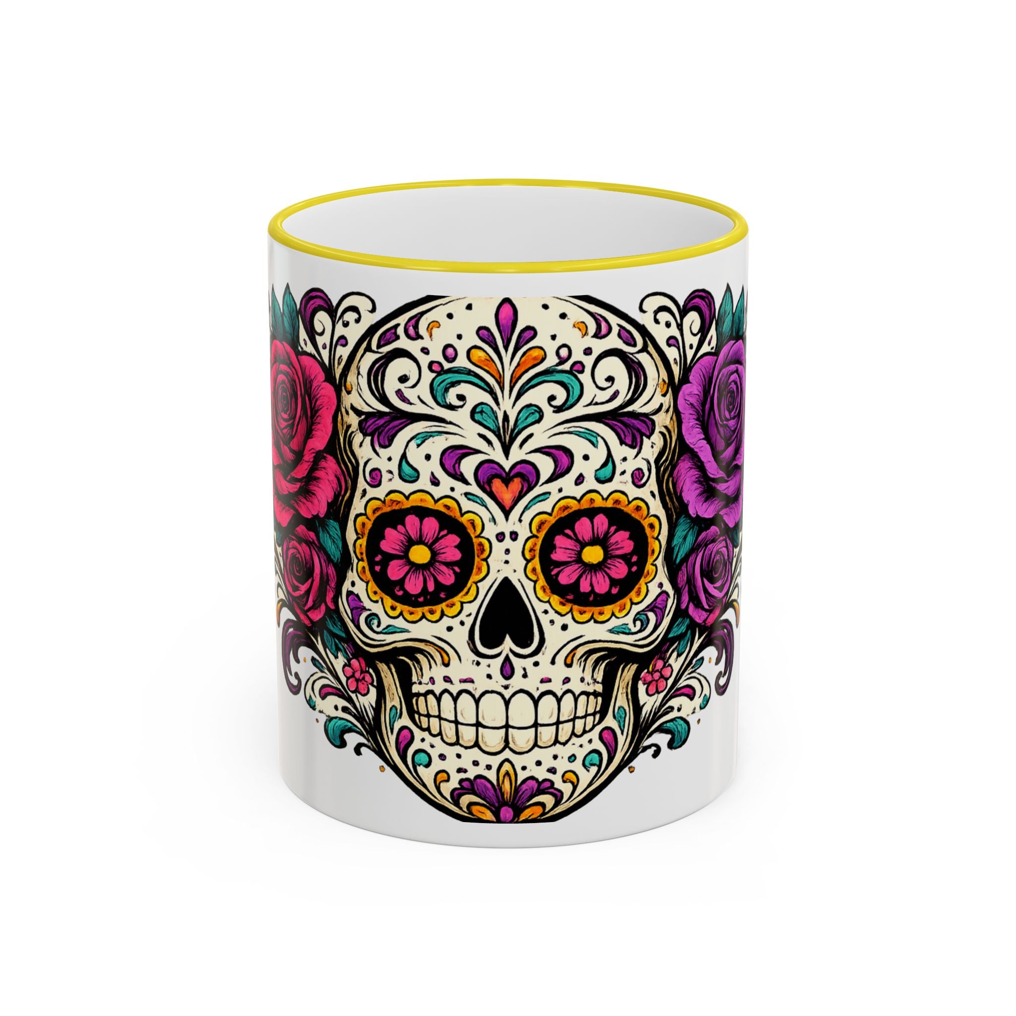 Day of the Dead Sugar Skull Accent Rim Mug — Floral Skull Ceramic Coffee Cup (11oz/15oz)