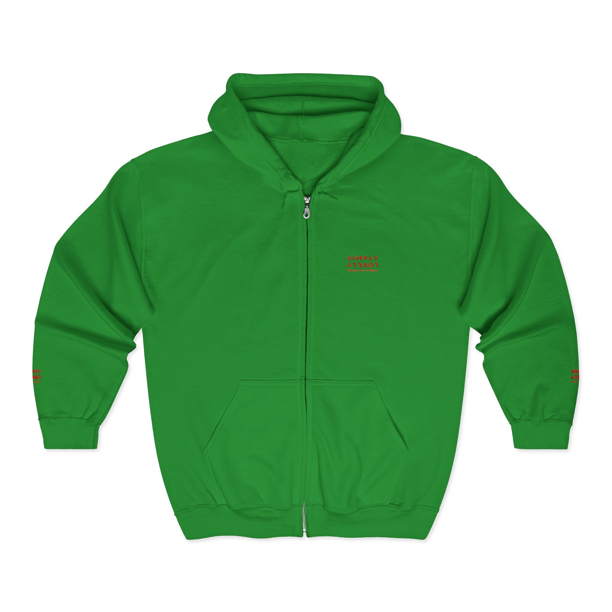 "Simply Lovely"  Zip Hoodie — Small Red Script Chest & Sleeve Design