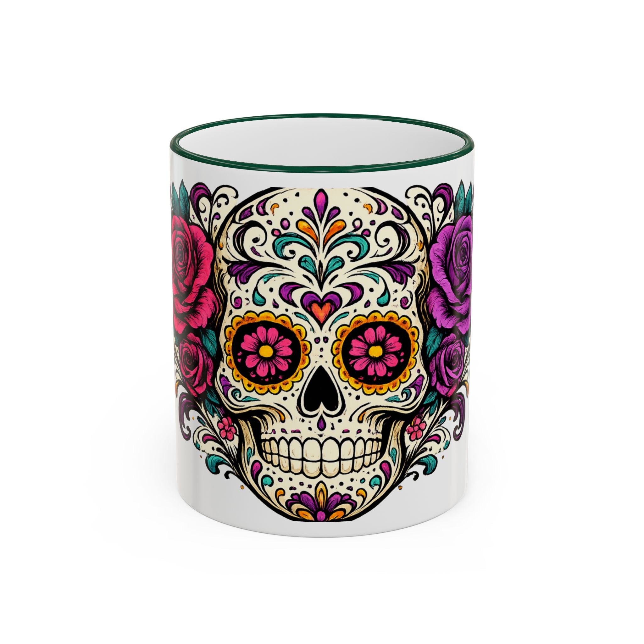 Day of the Dead Sugar Skull Accent Rim Mug — Floral Skull Ceramic Coffee Cup (11oz/15oz)