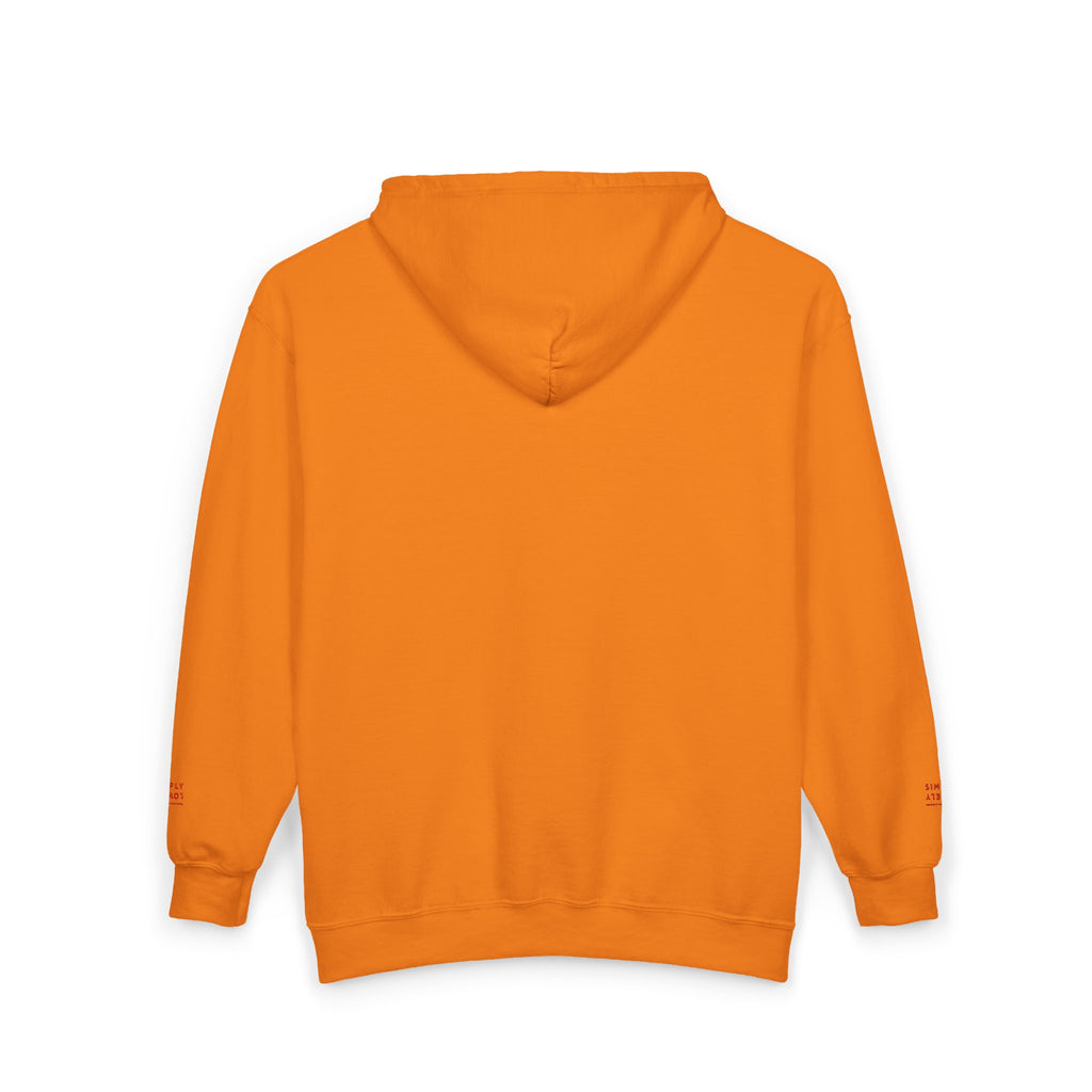 "Simply Lovely"  Zip Hoodie — Small Red Script Chest & Sleeve Design