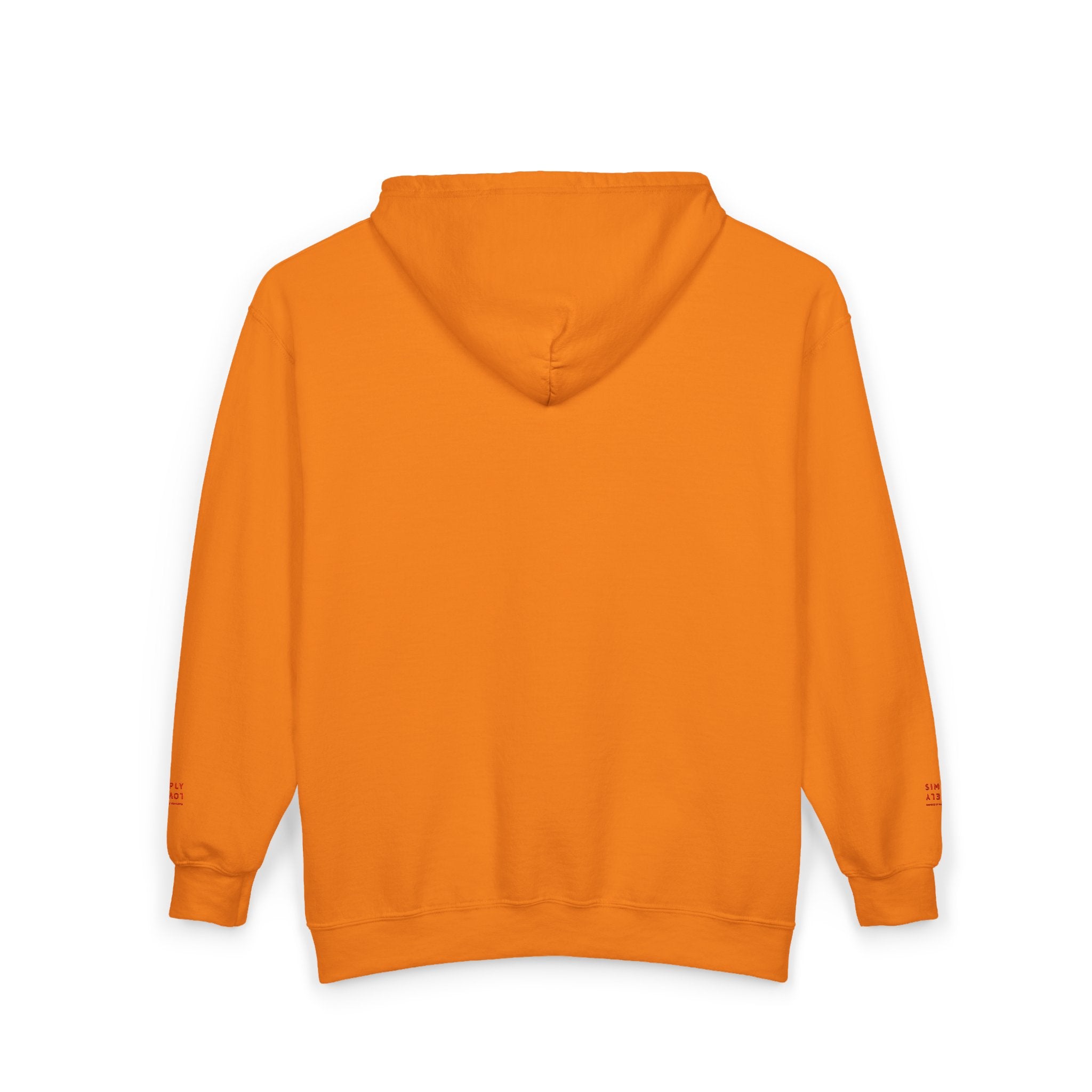 "Simply Lovely"  Zip Hoodie — Small Red Script Chest & Sleeve Design