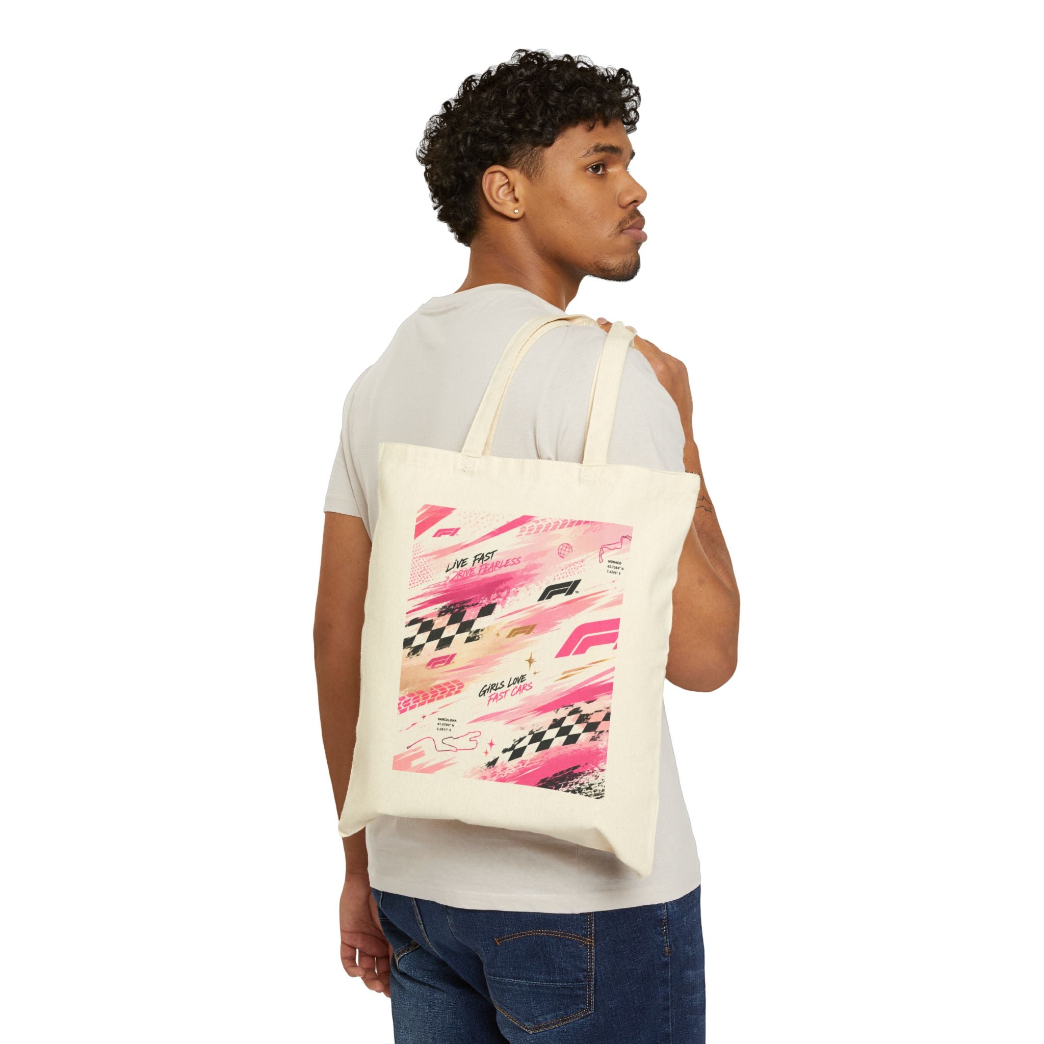 Racing Pink Canvas Tote Bag — Checkered Flag Formula F Design