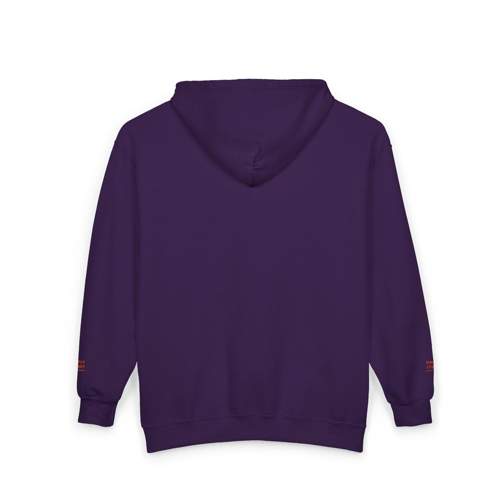 "Simply Lovely"  Zip Hoodie — Small Red Script Chest & Sleeve Design