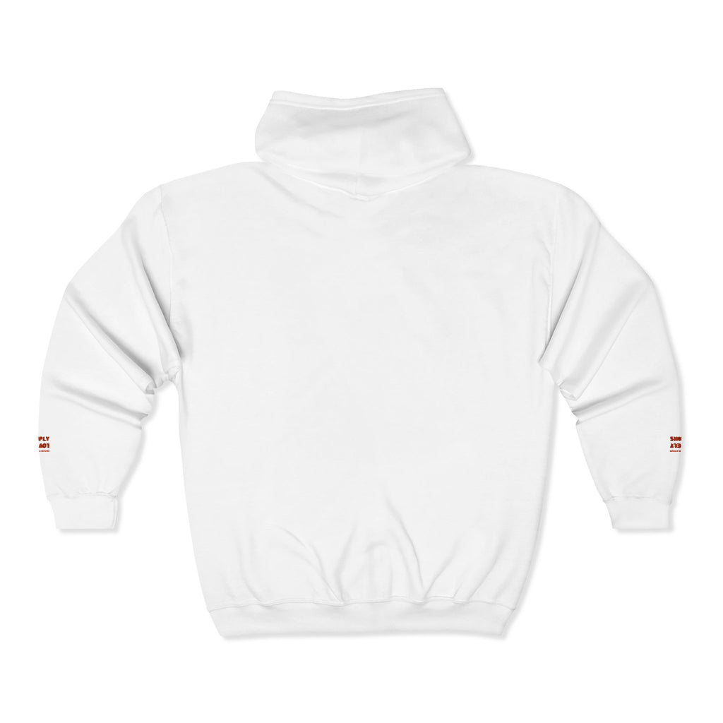 "Simply Lovely"  Zip Hoodie — Small Red Script Chest & Sleeve Design