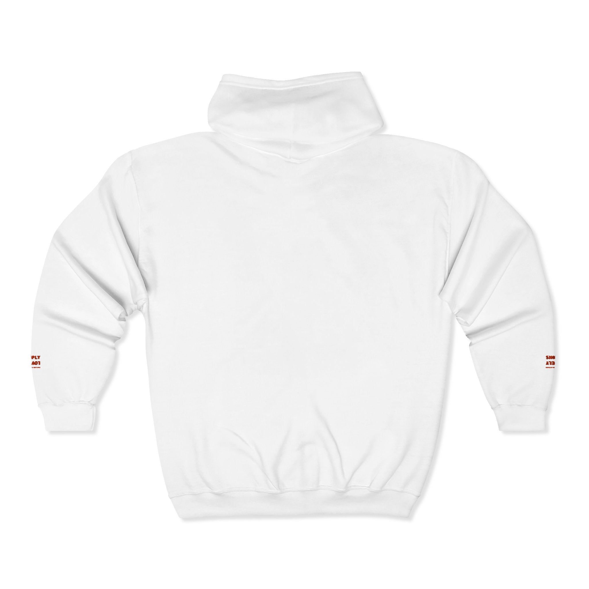 "Simply Lovely"  Zip Hoodie — Small Red Script Chest & Sleeve Design