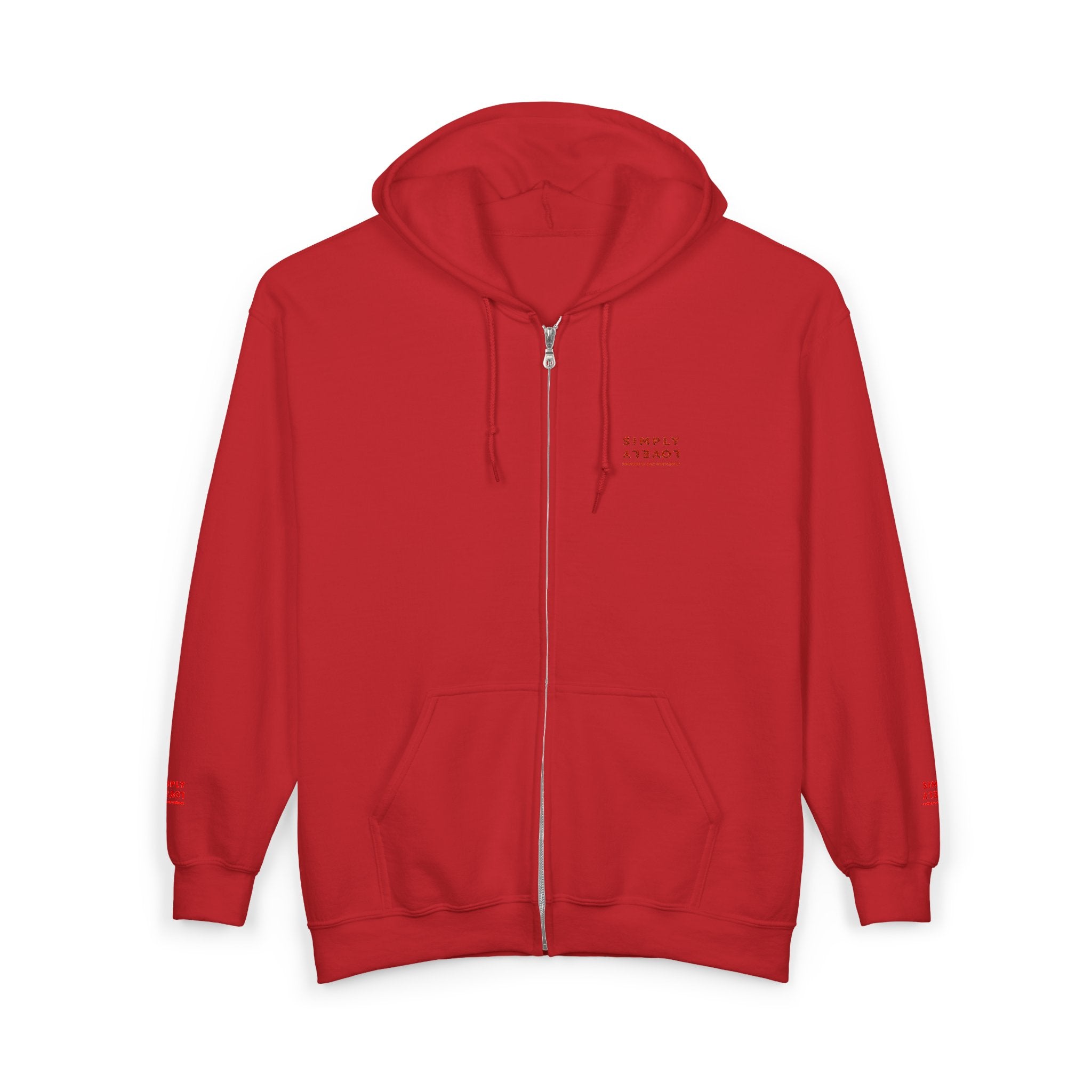 "Simply Lovely"  Zip Hoodie — Small Red Script Chest & Sleeve Design