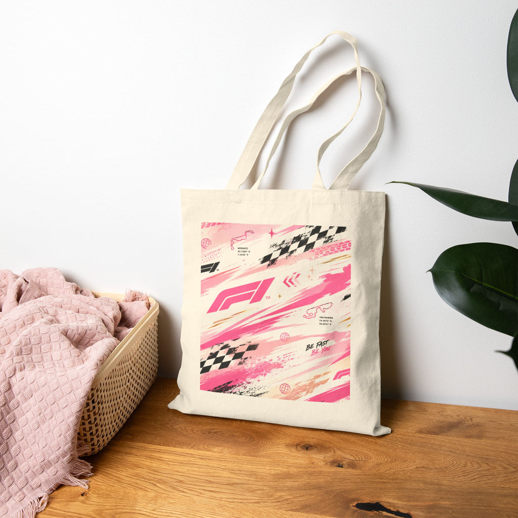 Racing Pink Canvas Tote Bag — Checkered Flag Formula F Design