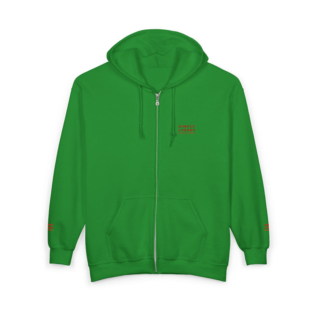 "Simply Lovely"  Zip Hoodie — Small Red Script Chest & Sleeve Design