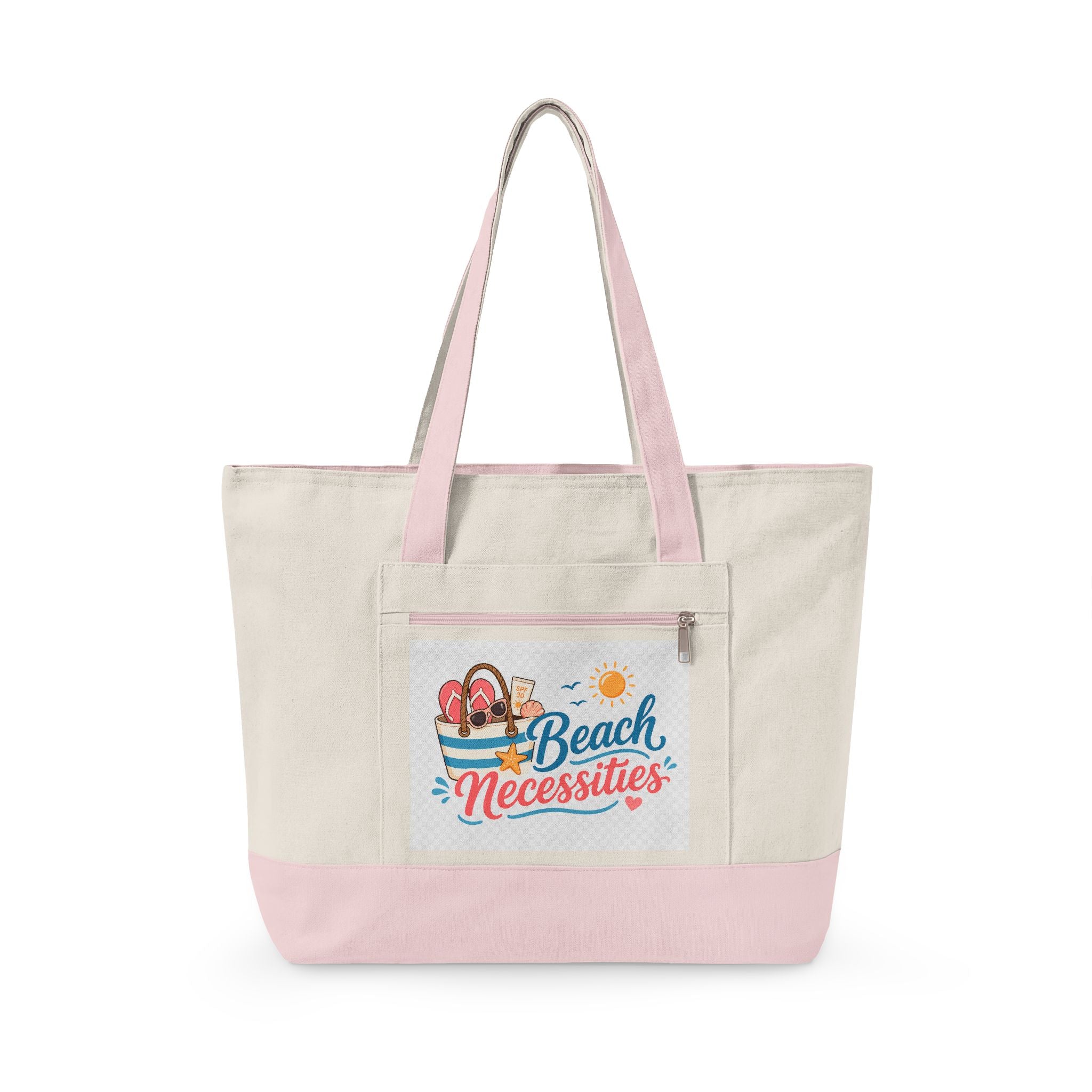 "Beach Bag / Beach Necessities" Zippered Canvas Tote, Summer Beach Tote Bag