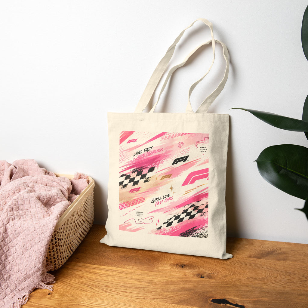 Racing Pink Canvas Tote Bag — Checkered Flag Formula F Design
