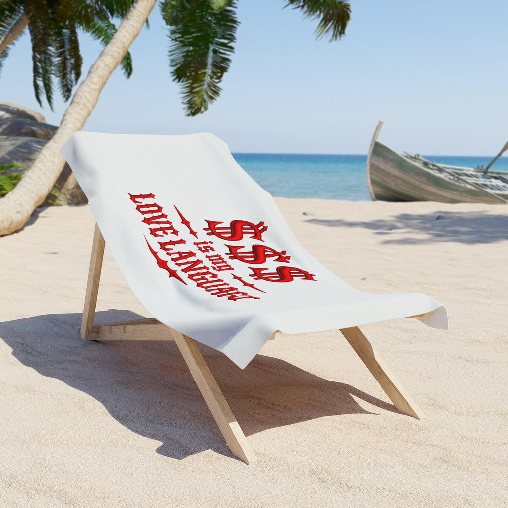 "$$ is My Love Language" Red Script Beach Towel