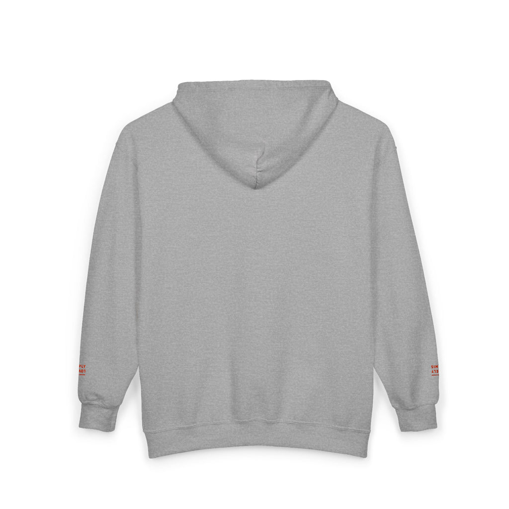 "Simply Lovely"  Zip Hoodie — Small Red Script Chest & Sleeve Design