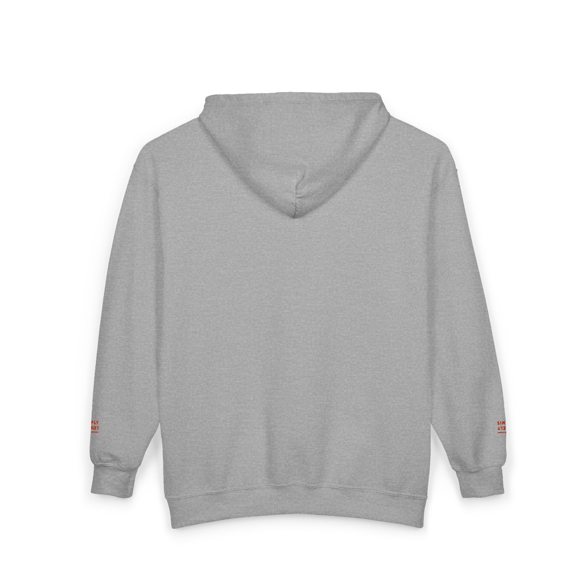 "Simply Lovely"  Zip Hoodie — Small Red Script Chest & Sleeve Design
