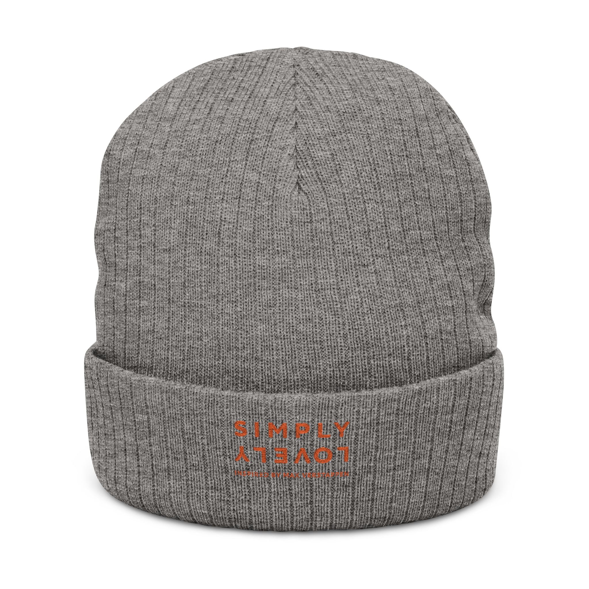 Embroidered Ribbed Beanie — 'SIMPLY LOVELY' Orange Logo Knit Hat