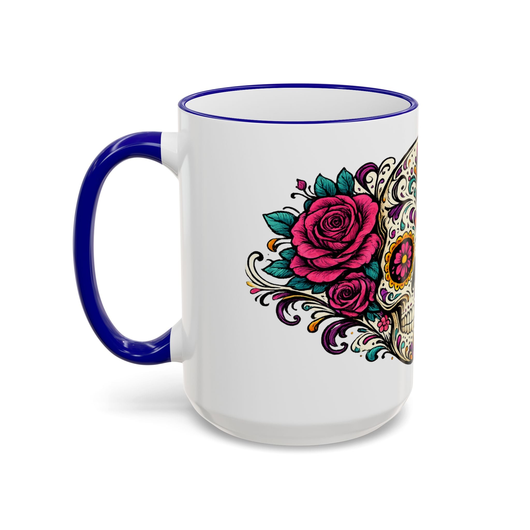 Day of the Dead Sugar Skull Accent Rim Mug — Floral Skull Ceramic Coffee Cup (11oz/15oz)