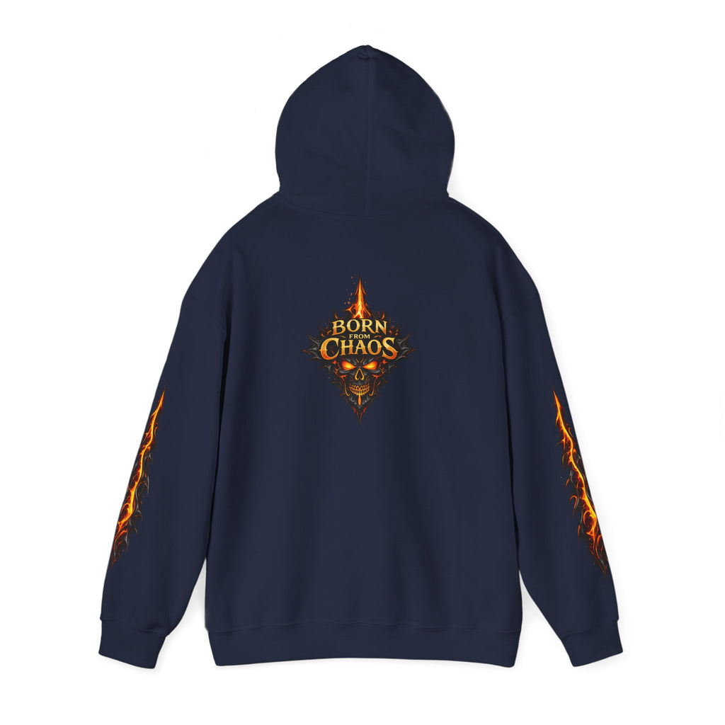 Born From ChaosFlaming Skull Hoodie — Gothic Flame Graphic Pullover