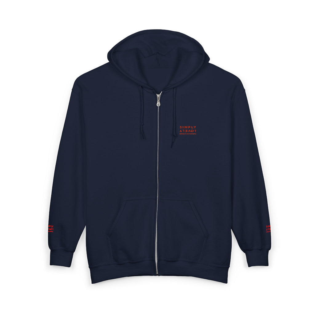 "Simply Lovely"  Zip Hoodie — Small Red Script Chest & Sleeve Design