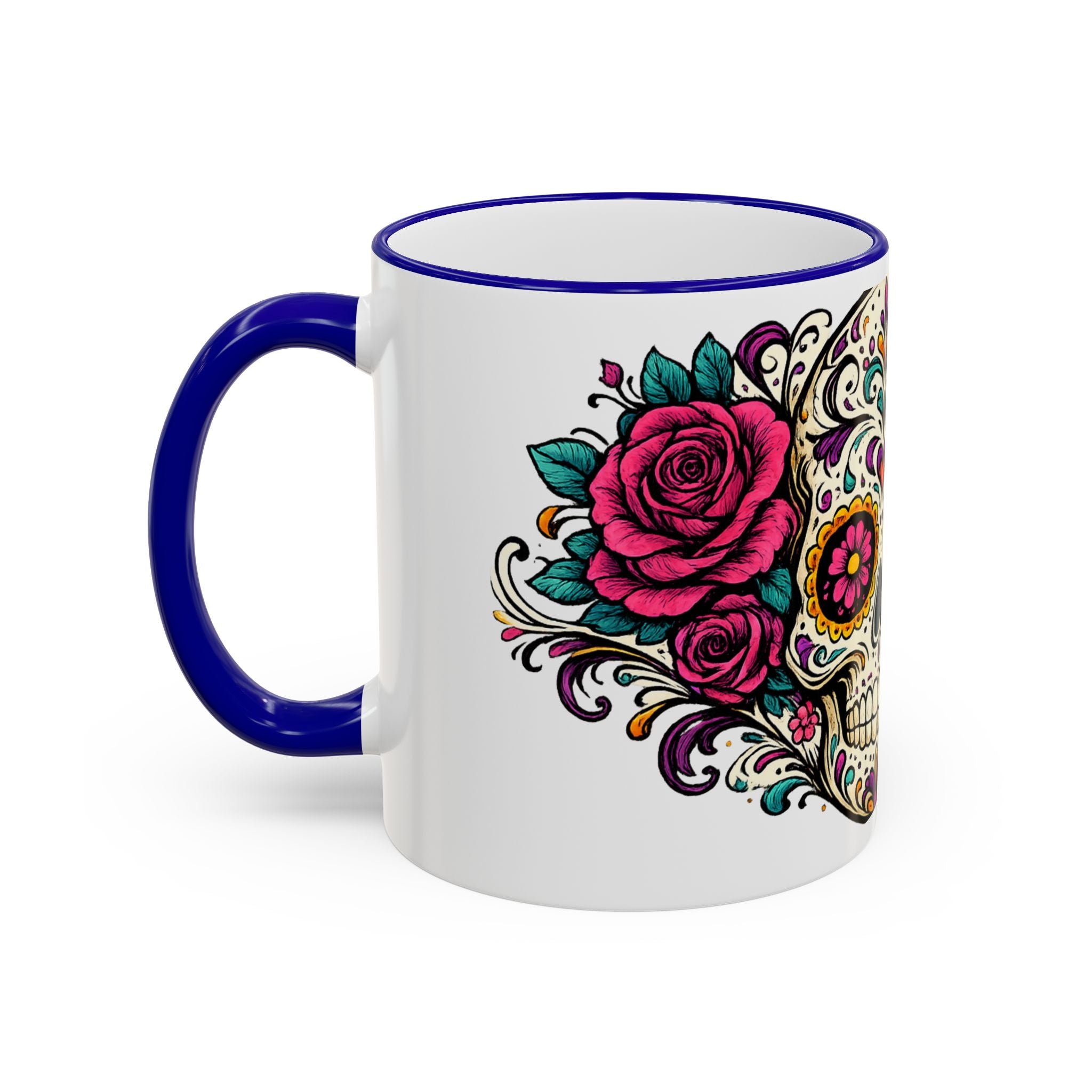 Day of the Dead Sugar Skull Accent Rim Mug — Floral Skull Ceramic Coffee Cup (11oz/15oz)