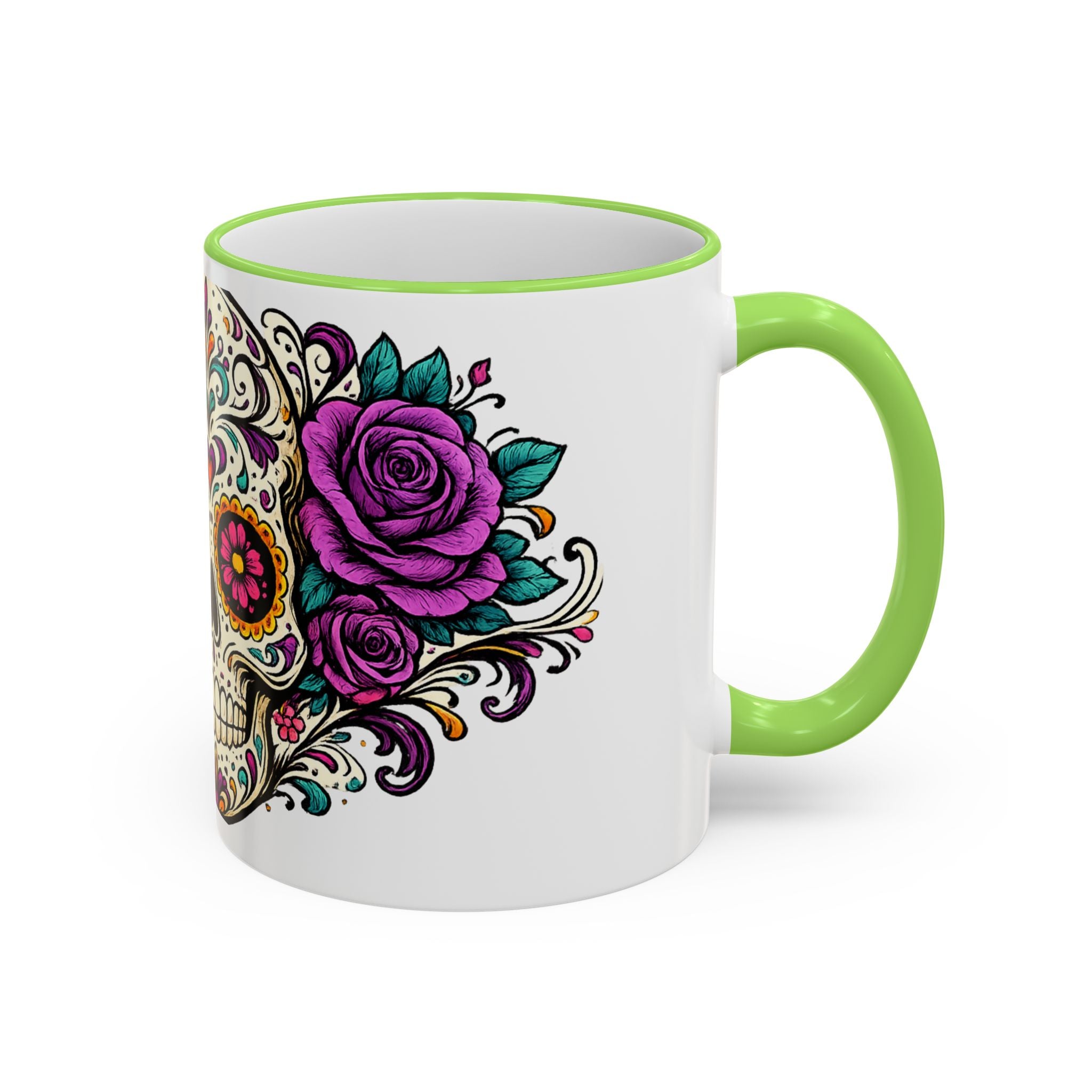 Day of the Dead Sugar Skull Accent Rim Mug — Floral Skull Ceramic Coffee Cup (11oz/15oz)