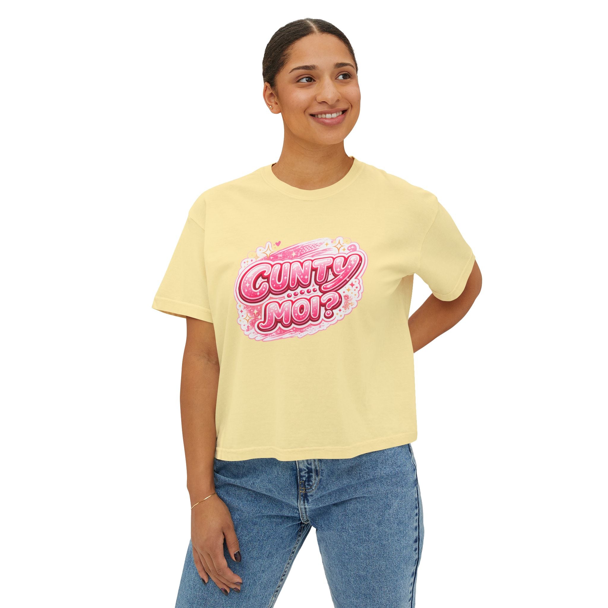 CUNTY....MOI?' Pink Retro Graphic Crop T-Shirt