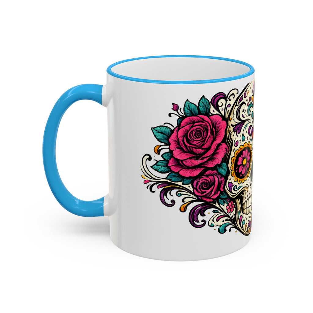 Day of the Dead Sugar Skull Accent Rim Mug — Floral Skull Ceramic Coffee Cup (11oz/15oz)