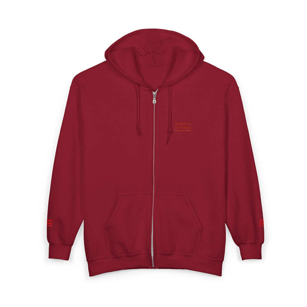 "Simply Lovely"  Zip Hoodie — Small Red Script Chest & Sleeve Design